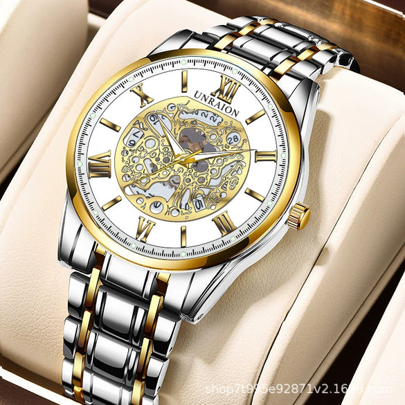 Automatic Mechanical Watch Stainless Steel Round Men's Sports Watch Hollow Waterproof Calendar Luminous