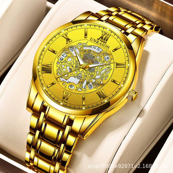 Automatic Mechanical Watch Stainless Steel Round Men's Sports Watch Hollow Waterproof Calendar Luminous