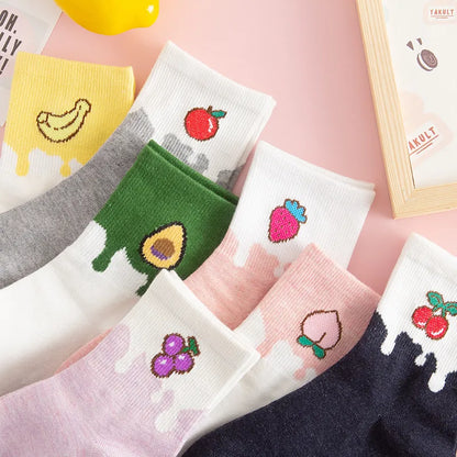 Autumn And Winter Cartoon Fruit Cartoon Lady Middle Tube Socks Pure Cotton Casual Socks Wholesale