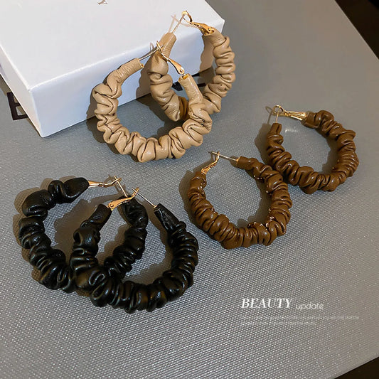 Autumn And Winter Coffee Color Leather Circle Earrings Korean Alloy Earrings