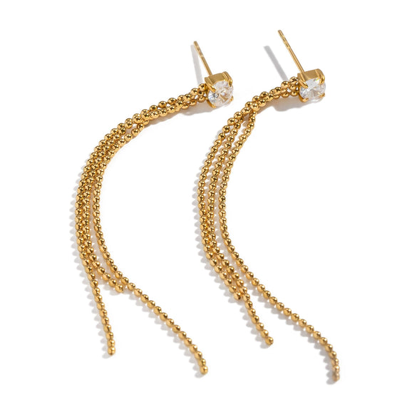 Autumn And Winter New Geometric Tassel Zircon Earrings For Women Stainless Steel Real Gold Plated Old Money Style Jewelry