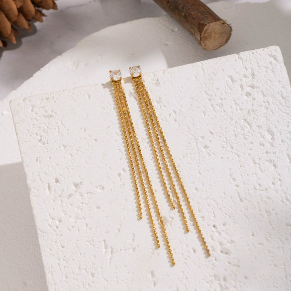 Autumn And Winter New Geometric Tassel Zircon Earrings For Women Stainless Steel Real Gold Plated Old Money Style Jewelry