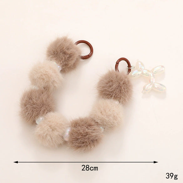Autumn And Winter Sweet Plush Ball Beaded Hand Chain Bag Key Chain Pendant Mobile Phone Lanyard For Women Half Handmade