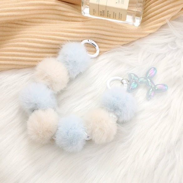 Autumn And Winter Sweet Plush Ball Beaded Hand Chain Bag Key Chain Pendant Mobile Phone Lanyard For Women Half Handmade