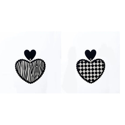 Autumn New Black And White Plaid Heart Earrings