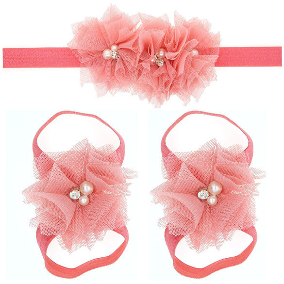 Baby Cloth Lace Pearl Rhinestone Flower Handmade Threepiece Set With Headband And Foot Band
