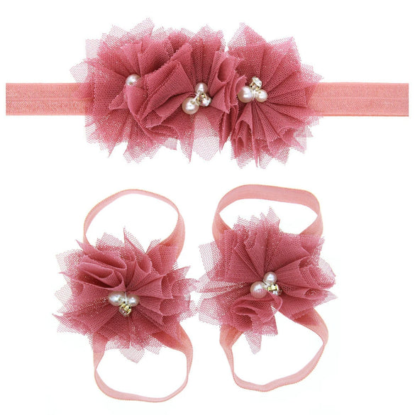 Baby Cloth Lace Pearl Rhinestone Flower Handmade Threepiece Set With Headband And Foot Band