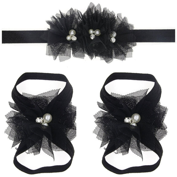 Baby Cloth Lace Pearl Rhinestone Flower Handmade Threepiece Set With Headband And Foot Band