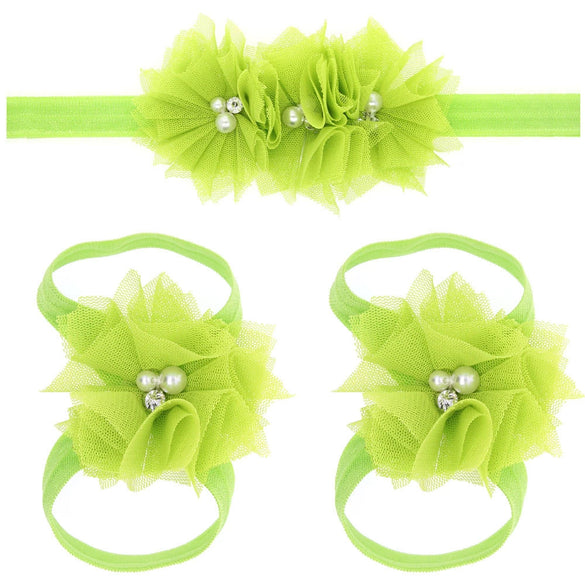 Baby Cloth Lace Pearl Rhinestone Flower Handmade Threepiece Set With Headband And Foot Band