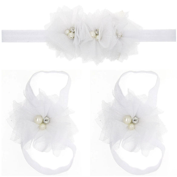 Baby Cloth Lace Pearl Rhinestone Flower Handmade Threepiece Set With Headband And Foot Band