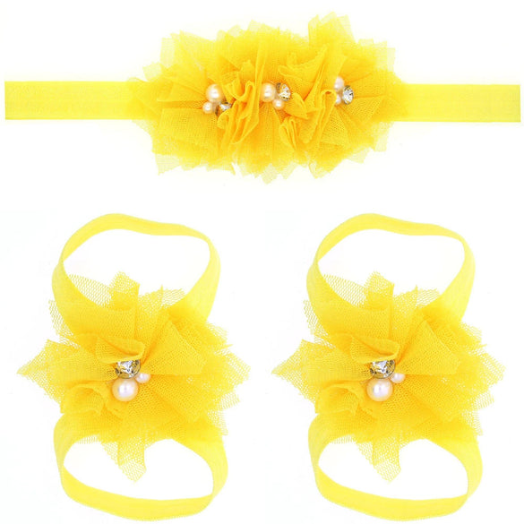 Baby Cloth Lace Pearl Rhinestone Flower Handmade Threepiece Set With Headband And Foot Band