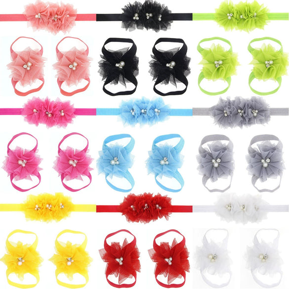 Baby Cloth Lace Pearl Rhinestone Flower Handmade Threepiece Set With Headband And Foot Band