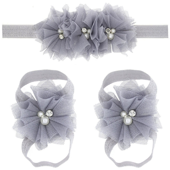 Baby Cloth Lace Pearl Rhinestone Flower Handmade Threepiece Set With Headband And Foot Band