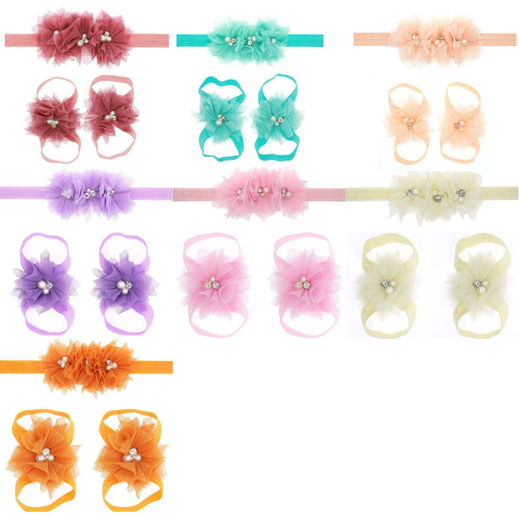 Baby Cloth Lace Pearl Rhinestone Flower Handmade Threepiece Set With Headband And Foot Band