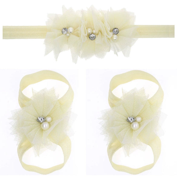 Baby Cloth Lace Pearl Rhinestone Flower Handmade Threepiece Set With Headband And Foot Band