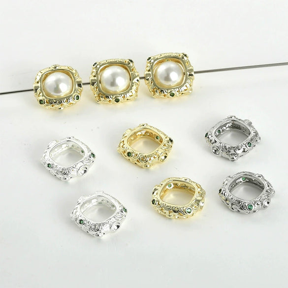 Bag Bead Ring Diy Hand Made Beaded Material Accessories Retro Hollow Rounded Square Copper Bead With 14K Plating