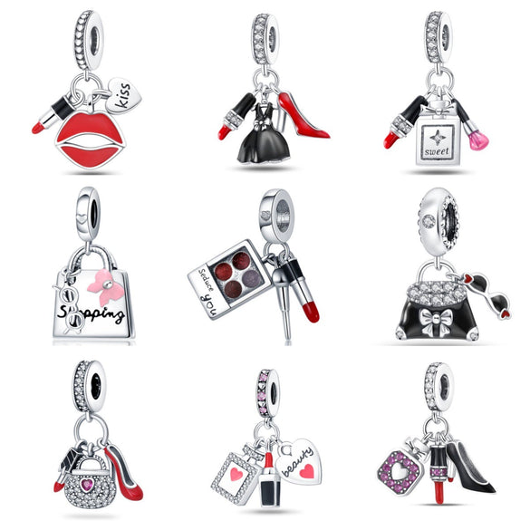 Bag Charm Beads Perfume Lipstick High Heels Shape White Copper Silver Plated Dripping Oil Original Design