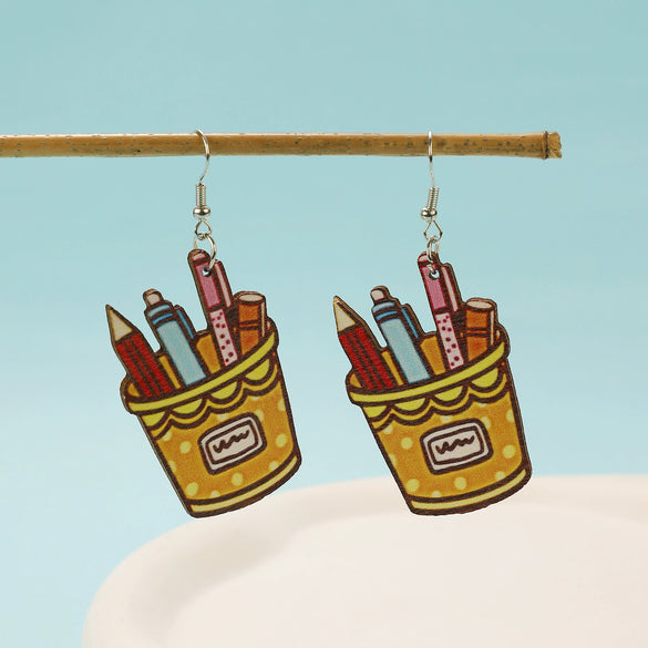 Ballet Dancing Cat Wood Earrings For Women 14K Gold Ear Needle Engraved Animal Zodiac Jewelry