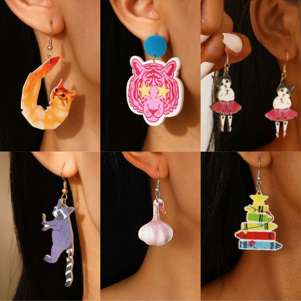 Ballet Dancing Cat Wood Earrings For Women 14K Gold Ear Needle Engraved Animal Zodiac Jewelry