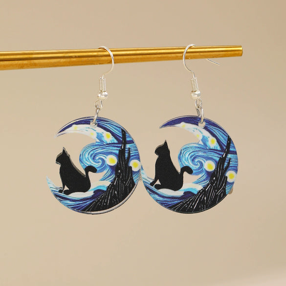 Ballet Dancing Cat Wood Earrings For Women 14K Gold Ear Needle Engraved Animal Zodiac Jewelry