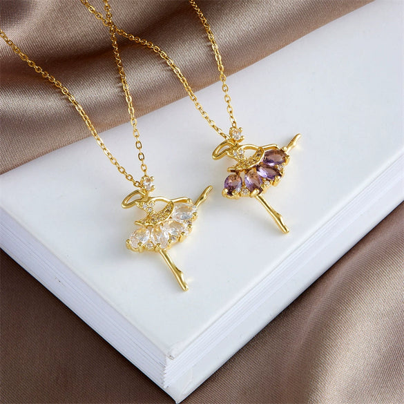 Ballet Girl Necklace Copper Titanium Steel With Cartoon Characters Mixed Gem Inlay Electroplating Ochain For Women Light Luxury Style