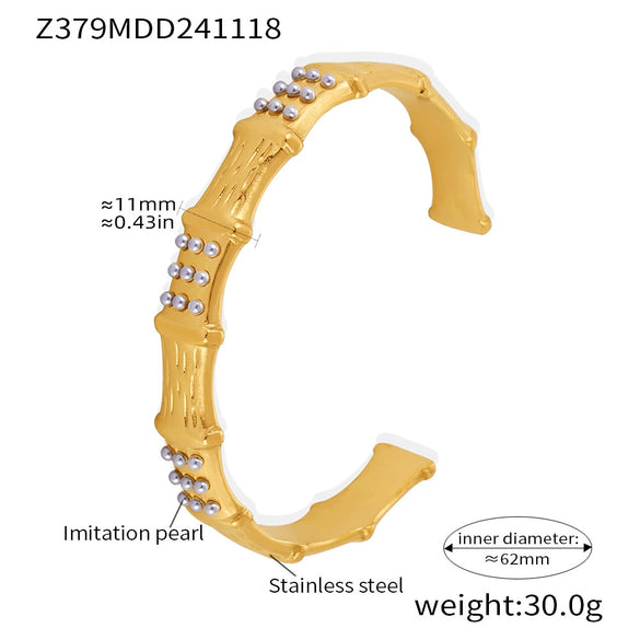Bamboo Inlaid Bead Creative Temperament Open Bracelet Stainless Steel Shell Beads Geometric Style 18K Gold Plated