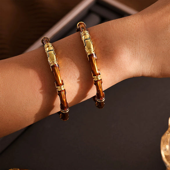 Bamboo Tea Open Bracelet Copper Electroplated 18K True Gold Color Minimalist Geometric Jewelry