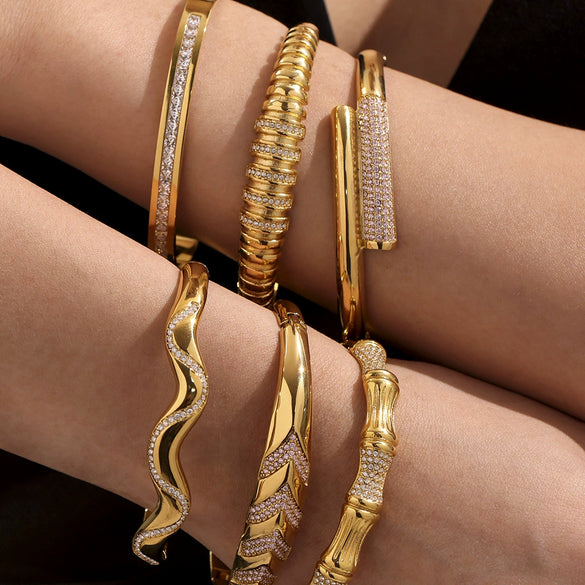 Bamboo Zircon Bracelet 316L Stainless Steel 18K Gold Plated Geometric Jewelry