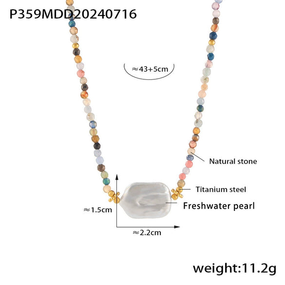 Baroque Fashion Cut Natural Stone Freshwater Pearl Pendant Necklace With Colorful Beaded Titanium Steel 18K Gold Plated In Geometric Design