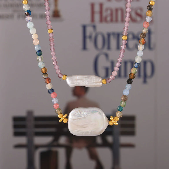 Baroque Fashion Cut Natural Stone Freshwater Pearl Pendant Necklace With Colorful Beaded Titanium Steel 18K Gold Plated In Geometric Design