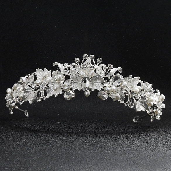 Baroque Floral Rhinestone Pearl Bridal Headband Alloy Electroplated Wedding Hair Crown For Women