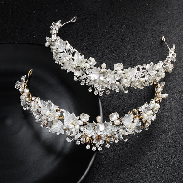 Baroque Floral Rhinestone Pearl Bridal Headband Alloy Electroplated Wedding Hair Crown For Women