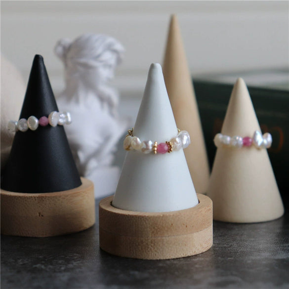 Baroque Freshwater Pearl And Tourmaline Floral Elastic Ring With Gold Tone Chain Natural Irregular Design For Women
