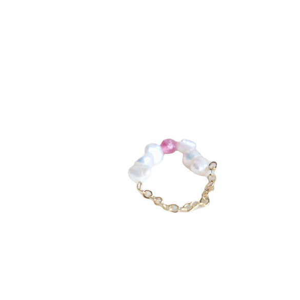Baroque Freshwater Pearl And Tourmaline Floral Elastic Ring With Gold Tone Chain Natural Irregular Design For Women