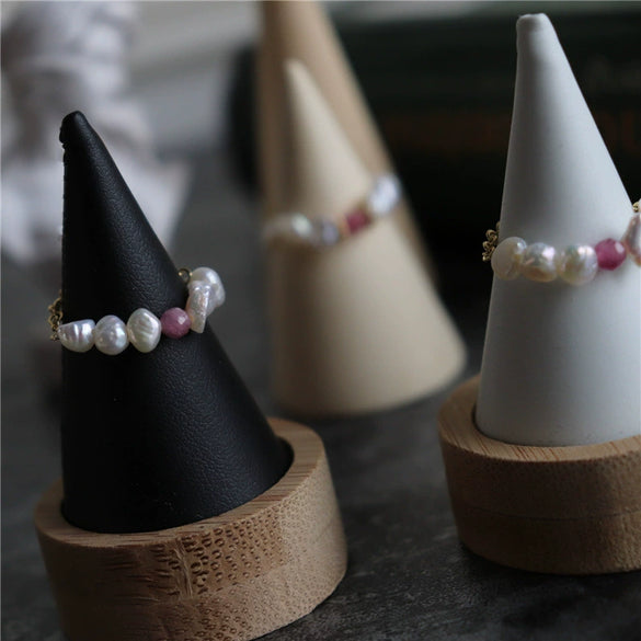 Baroque Freshwater Pearl And Tourmaline Floral Elastic Ring With Gold Tone Chain Natural Irregular Design For Women