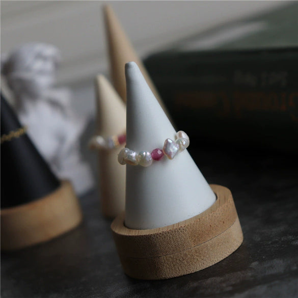 Baroque Freshwater Pearl And Tourmaline Floral Elastic Ring With Gold Tone Chain Natural Irregular Design For Women
