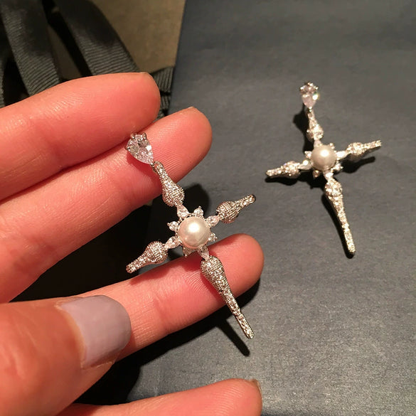 Baroque Geometric Copper Imitation Pearl Women's Cross Earrings