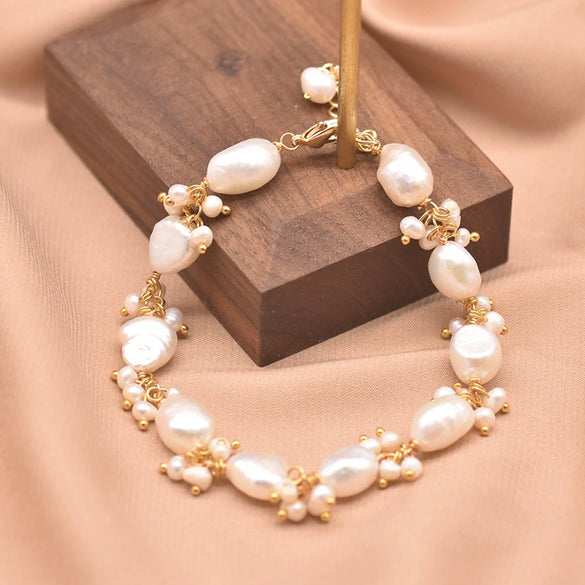 Baroque Natural Freshwater Pearl Retro Non Fading Handmade Electroplated Women's Bracelet With Geometric Styling