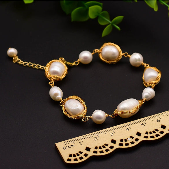 Baroque Natural Freshwater Pearl Retro Non Fading Handmade Electroplated Women's Bracelet With Geometric Styling