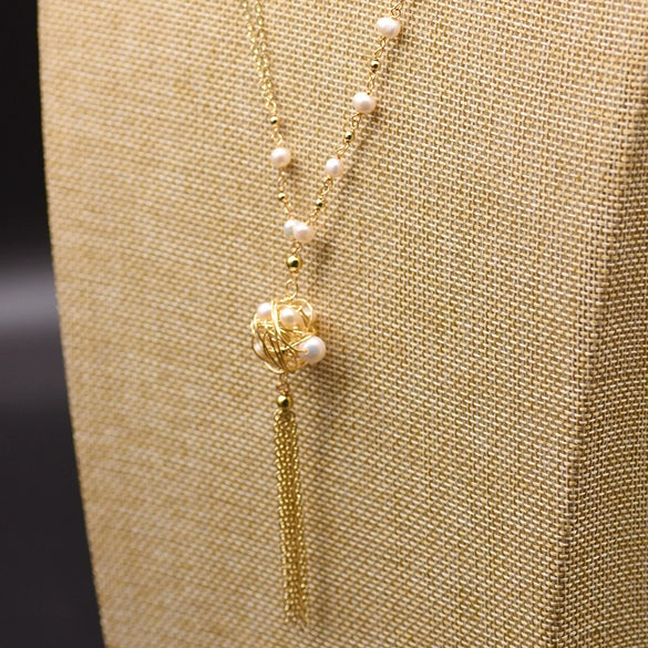 Baroque Natural Pearl 925 Sterling Silver Handmade Beaded Tassel Clavicle Chain Necklace With Flower Pattern For Women