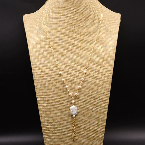 Baroque Natural Pearl 925 Sterling Silver Handmade Beaded Tassel Clavicle Chain Necklace With Flower Pattern For Women