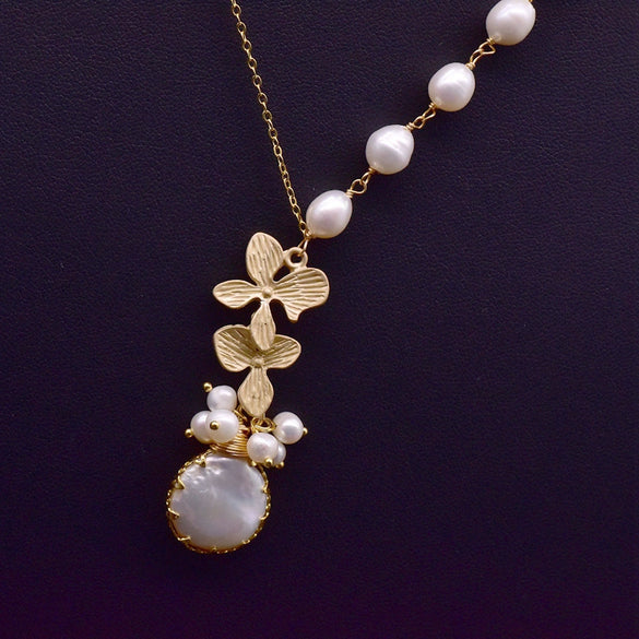 Baroque Natural Pearl 925 Sterling Silver Handmade Beaded Tassel Clavicle Chain Necklace With Flower Pattern For Women