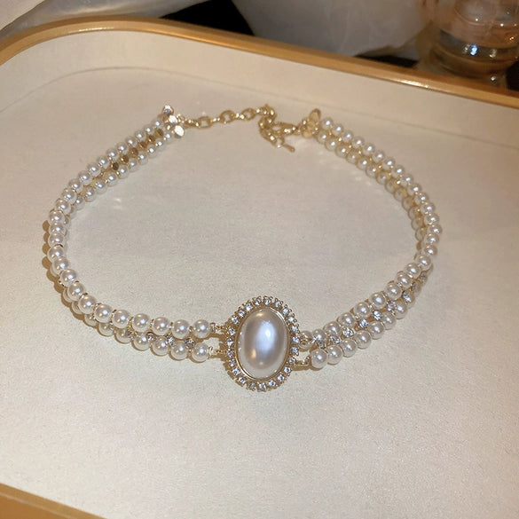 Baroque Oval Pearl Doublelayer Fashion Elegant Retro Mori Exaggerated Allmatch Women Necklace With Geometric Design