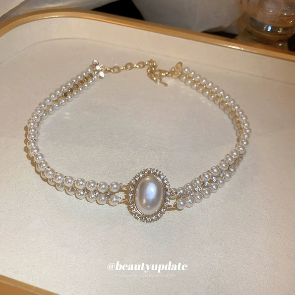 Baroque Oval Pearl Doublelayer Fashion Elegant Retro Mori Exaggerated Allmatch Women Necklace With Geometric Design