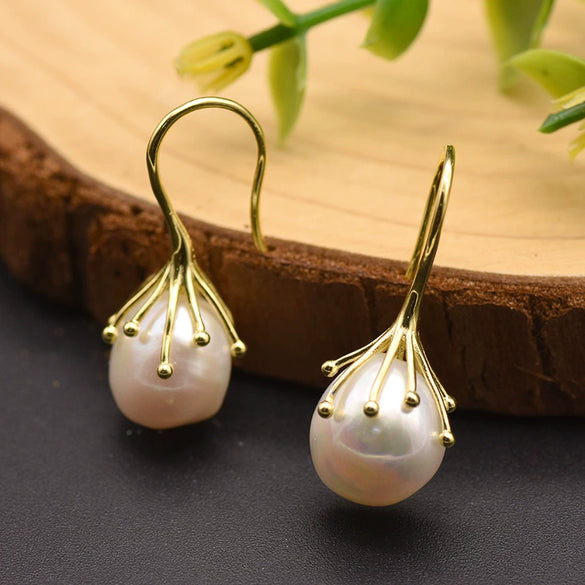 Baroque Pearl Earrings For Women 925 Silver Needle 18K Real Gold Electroplated Geometric Style