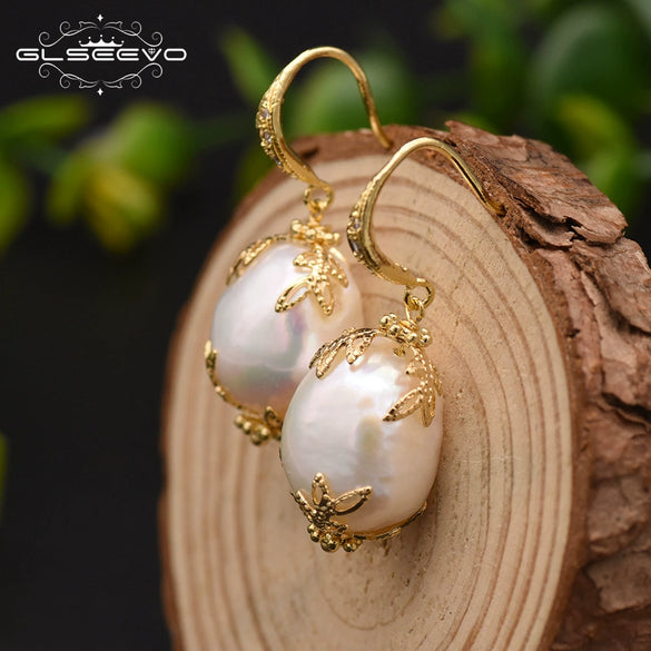 Baroque Pearl Earrings For Women 925 Silver Needle 18K Real Gold Electroplated Geometric Style