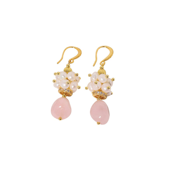 Baroque Pink Crystal Pomegranate Freshwater Pearl Titanium Steel Handmade Geometric Women's Earrings