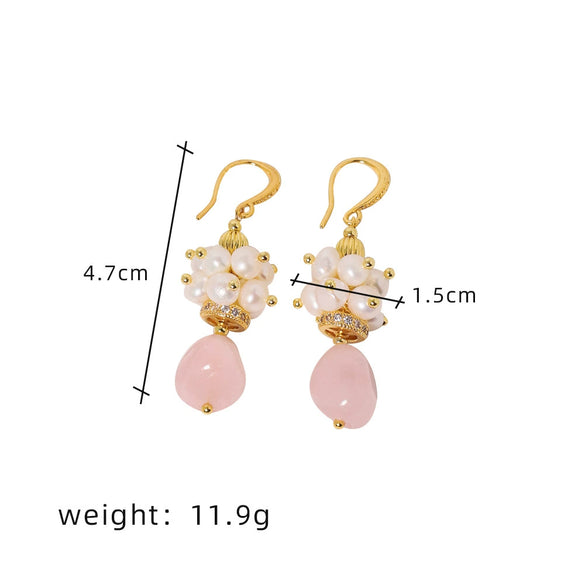 Baroque Pink Crystal Pomegranate Freshwater Pearl Titanium Steel Handmade Geometric Women's Earrings