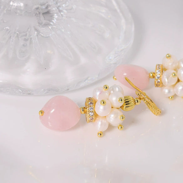 Baroque Pink Crystal Pomegranate Freshwater Pearl Titanium Steel Handmade Geometric Women's Earrings