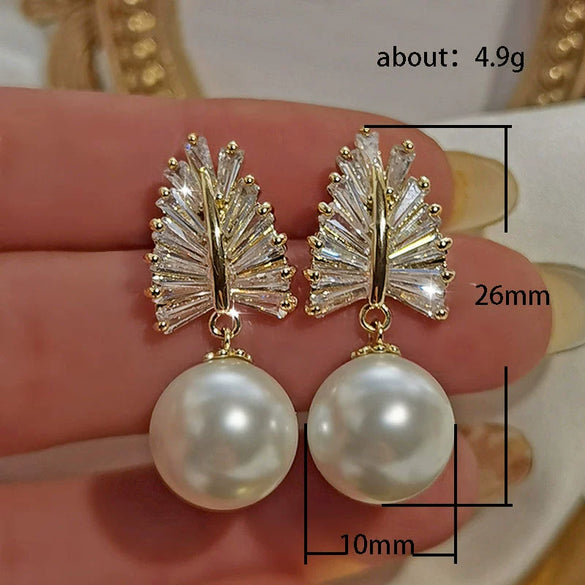 Baroque Style Copper Imitation Pearl Earrings With Wheat Zircon And Flowers Leaves Pattern For Women